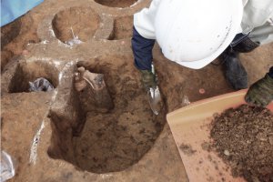 竪穴建物の穴から土器を掘り出している様子